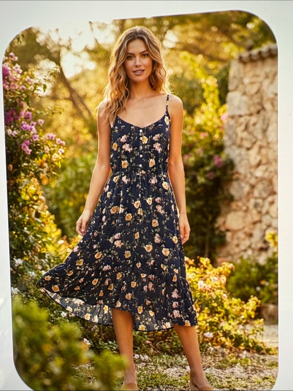 iris Navy Floral Midi Dress with Yellow & Pink Blooms